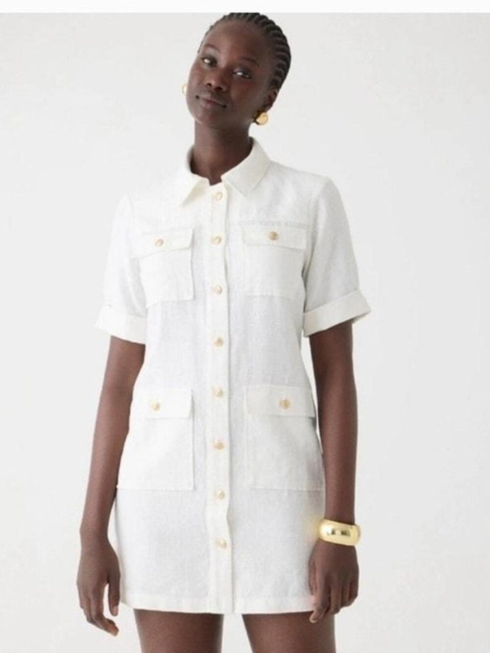 J. Crew White Gamine Linen Dress Preppy Safari Coastal Shirt Dress Button Front